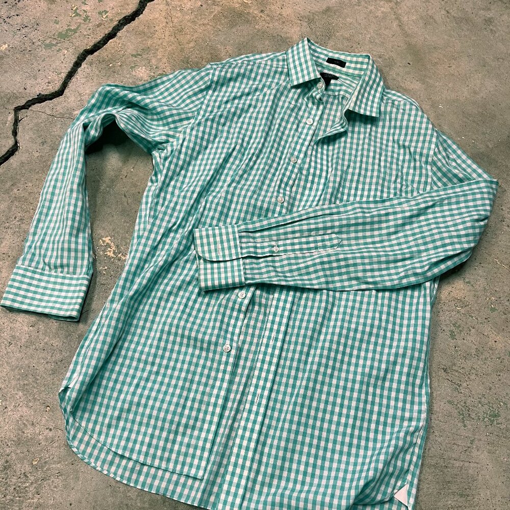 Turquoise/green gingham spread collar dress shirt, J. Crew, size Small